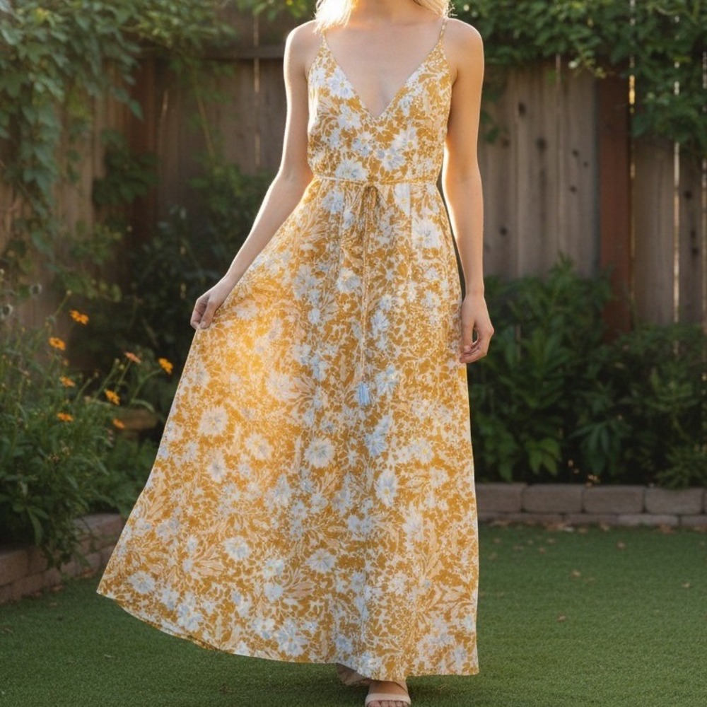 Show Me Your Mumu Floral Maxi Dress Womens M Yellow Blue Tassel Tie Boho Summer - Picture 2 of 12